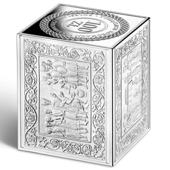 Rewers srebrna moneta w kształcie prostopadłościanu w temacie Tysiąclecie koronacji Bolesława Chrobrego 2025